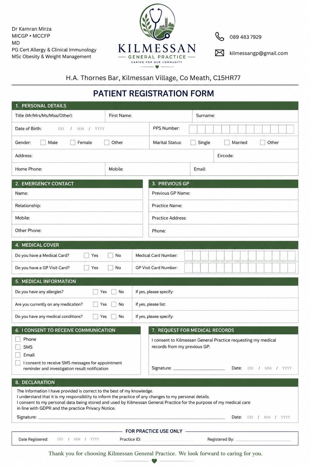 Preview of the Kilmessan General Practice patient registration form